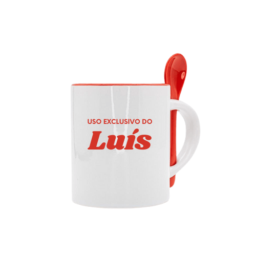 Caneca personalizada com interior e colher vermelha, com design "Uso exclusivo do Luís"