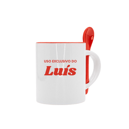 Caneca personalizada com interior e colher vermelha, com design "Uso exclusivo do Luís"