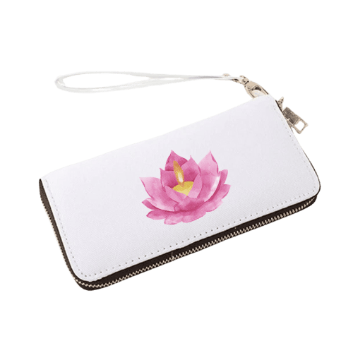 Carteira de senhora branca personalizada com flor de lotus cor de rosa