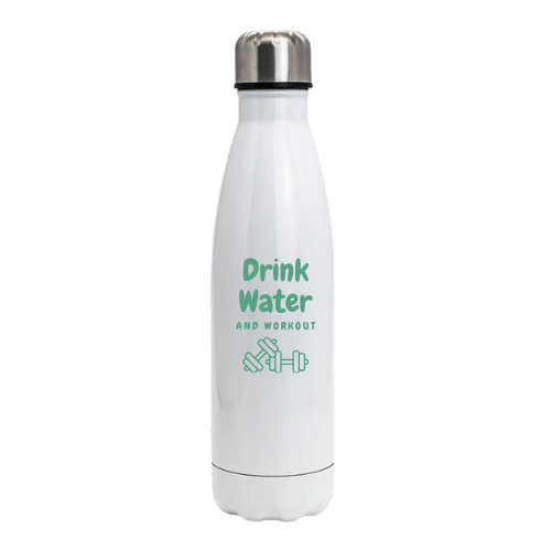 Garrafa térmica personalizada com a frase "Drrink water and workout"