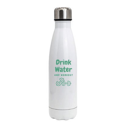 Garrafa térmica personalizada com a frase "Drrink water and workout"