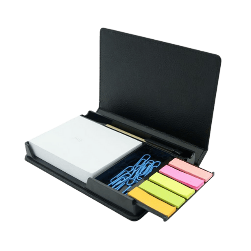 Kit bloco de notas personalizado aberto com clips, papel, caneta e autocolantes