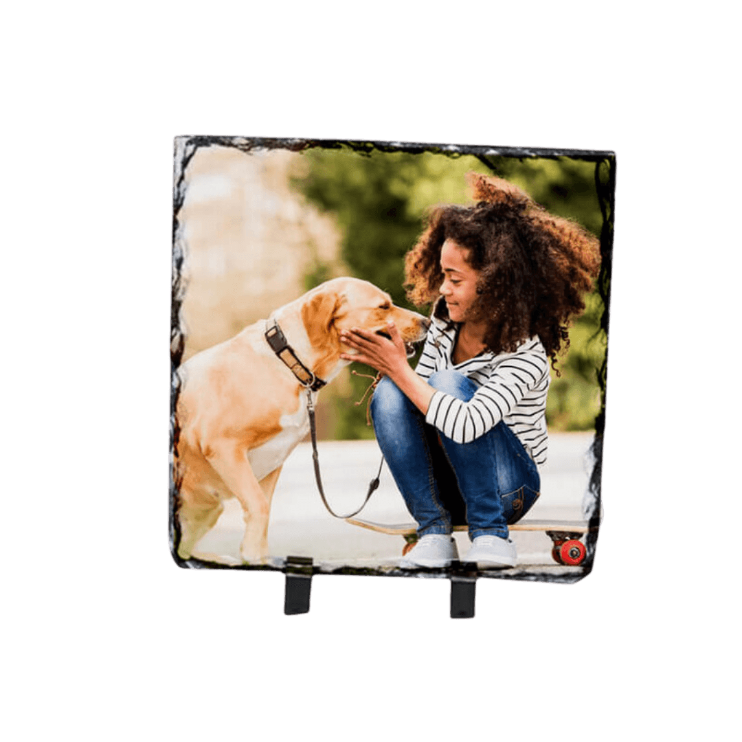 Pedra de Xisto Quadrada personalizada com fotografia de menina com cão